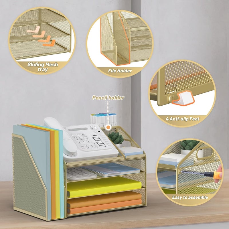 Docnest 4 Tier Paper Letter Tray File Organizer, Mesh Desk File with Handle, Workspace Desk Organizers with Pen Holder, Office Organization Storage Accessories - Gold Yellow - Image 4